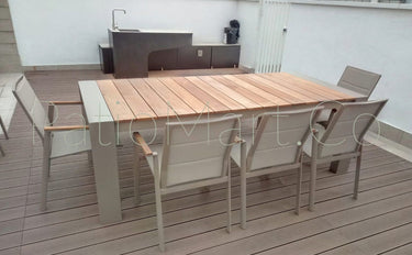 Glenn Outdoor Aluminum Teak Wood Extension Table Set