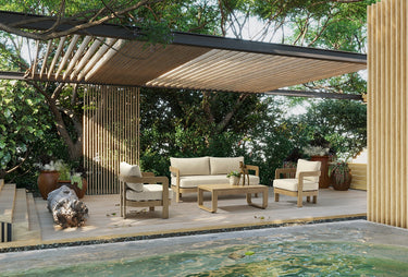 Outdoor sofa set with weather-resistant cushions | 户外沙发套装,配有耐候座垫 | 户外梳化套裝,配有耐候座墊