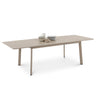 Beige outdoor dining table with minimal decor on a white background