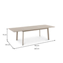 Beige outdoor extendable table with dimensions labeled on a white background