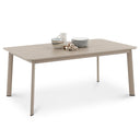 Beige outdoor table with plates and cups on a white background