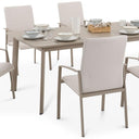 Outdoor dining table set with chairs on a white background