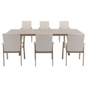 Outdoor dining table with six matching chairs on a white background