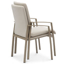 Beige outdoor stacking chair with white cushion on a white background