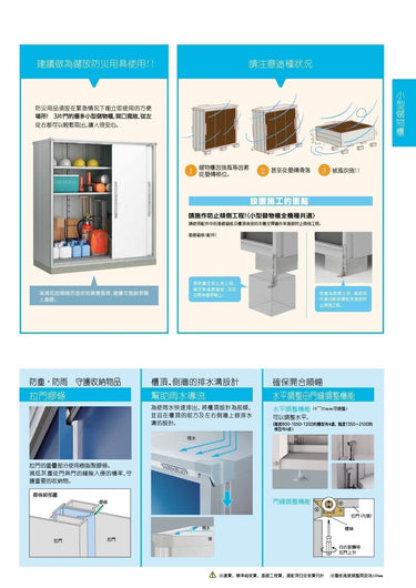 Yodoko outdoor storage cabinet product detail showing door design and adjustable shelves / Yodoko戶外收納櫃產品細節,展示門板設計及可調層架