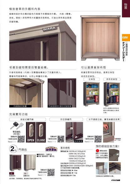*Pre-order* Inaba Outdoor Storage Cabinets KMW-116E (W1120xD635xH1903mm) 1.353m3