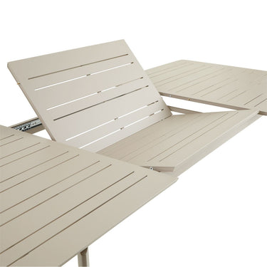 Beige outdoor furniture set with table and chairs on a white background