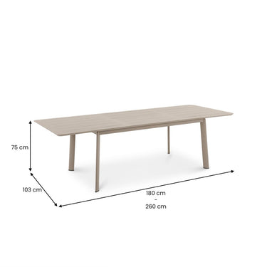 Beige outdoor extendable table with dimensions labeled on a white background