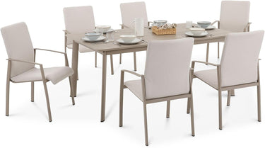 Outdoor dining table set with chairs on a white background