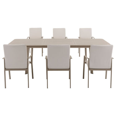 Outdoor dining table with six matching chairs on a white background