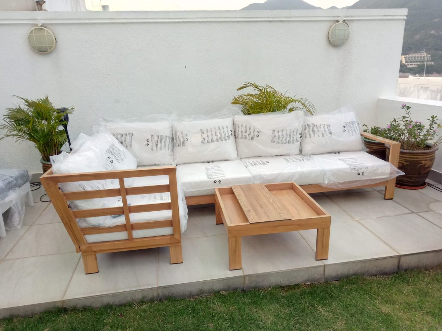 Grappa L-shape Aluminum Wood-Look Finish Outdoor Sofa Set